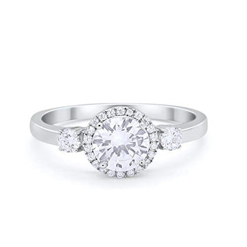Three Stone Wedding Ring Simulated Cubic Zirconia Halo 925 Sterling Silver